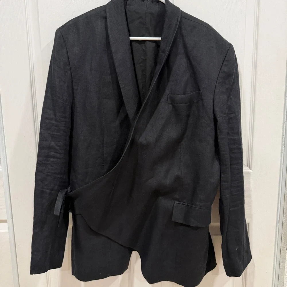 Skingraft Black 100% Linen Asymmetric Wrap Blazer Jacket XL Shawl Collar Tie